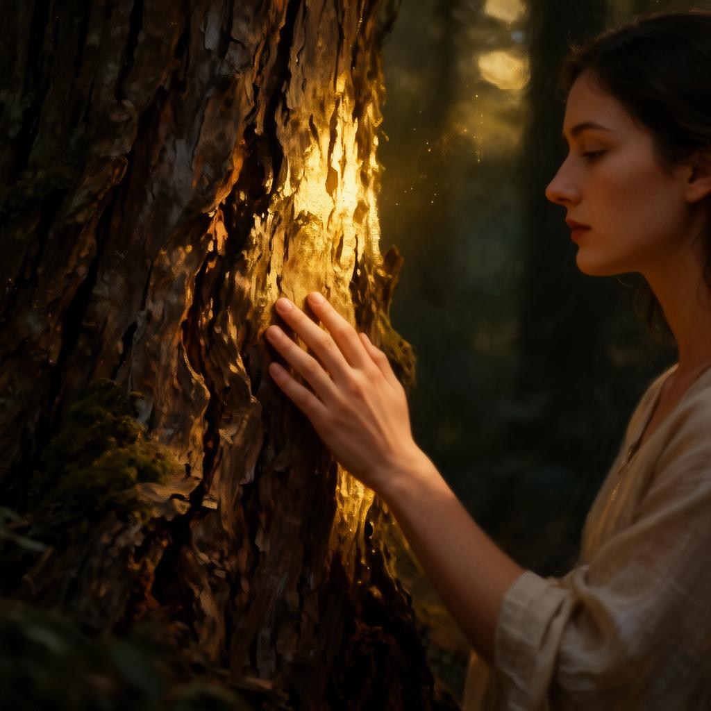Mujer tocando la corteza de un árbol antiguo iluminado por luz dorada